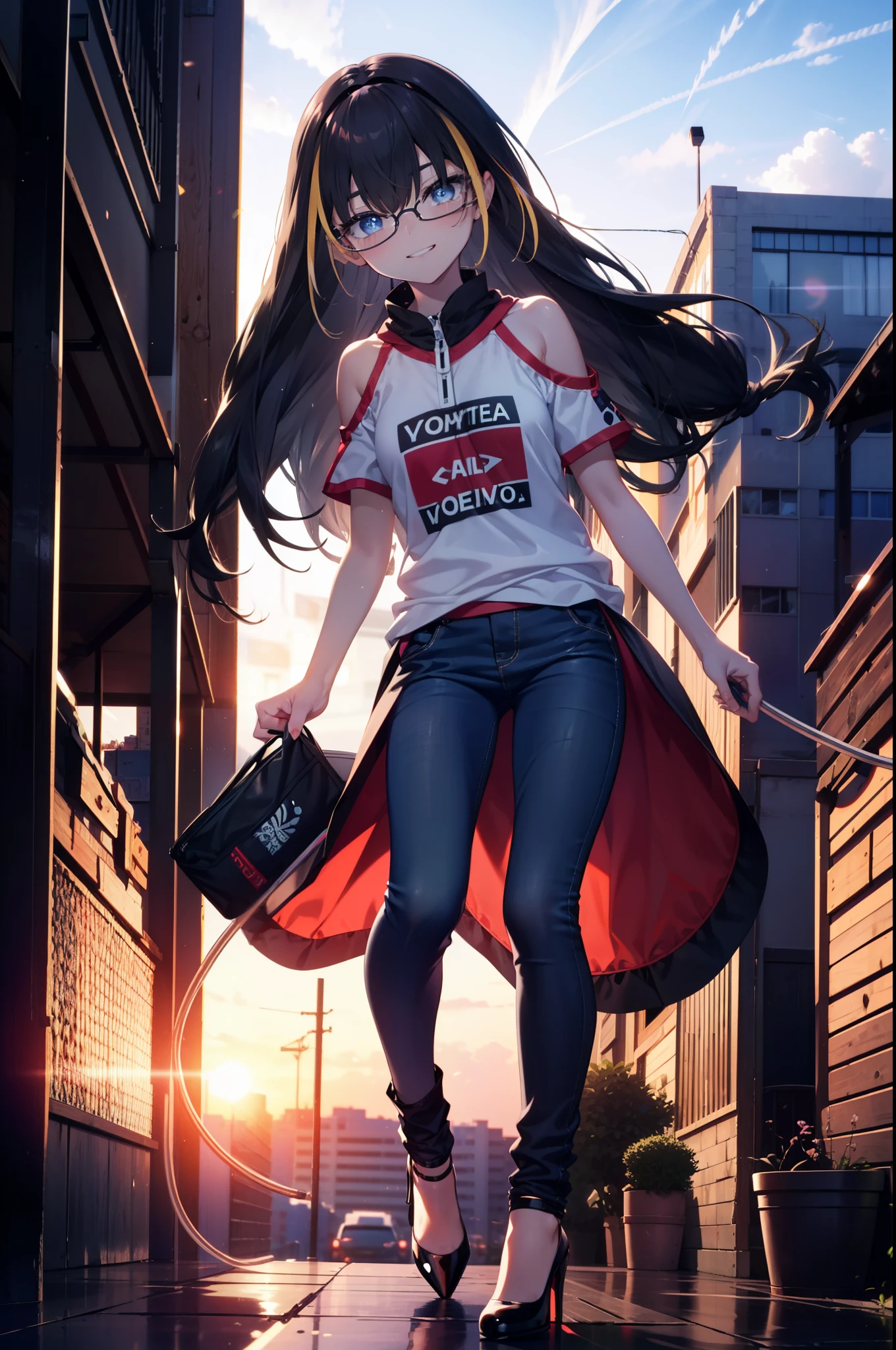 small, small, Black Hair, blue eyes, demon tail, hair band, Long Hair, mechanical tail, Multicolored Hair, tail, smile,Grin,tooth,Black-rimmed glasses,Cold shoulder tops,Short sleeve,Skinny jeans,Stiletto heels,morning,morning陽,The sun is rising,Walking,whole bodyがイラストに入るように,
break looking at viewer, whole body,
break outdoors,Building district,
break (masterpiece:1.2), Highest quality, High resolution, unity 8k wallpaper, (figure:0.8), (beautiful detailed eyes:1.6), extremely detailed face, Perfect lighting, extremely detailed CG, (Perfect hands, Perfect Anatomy),