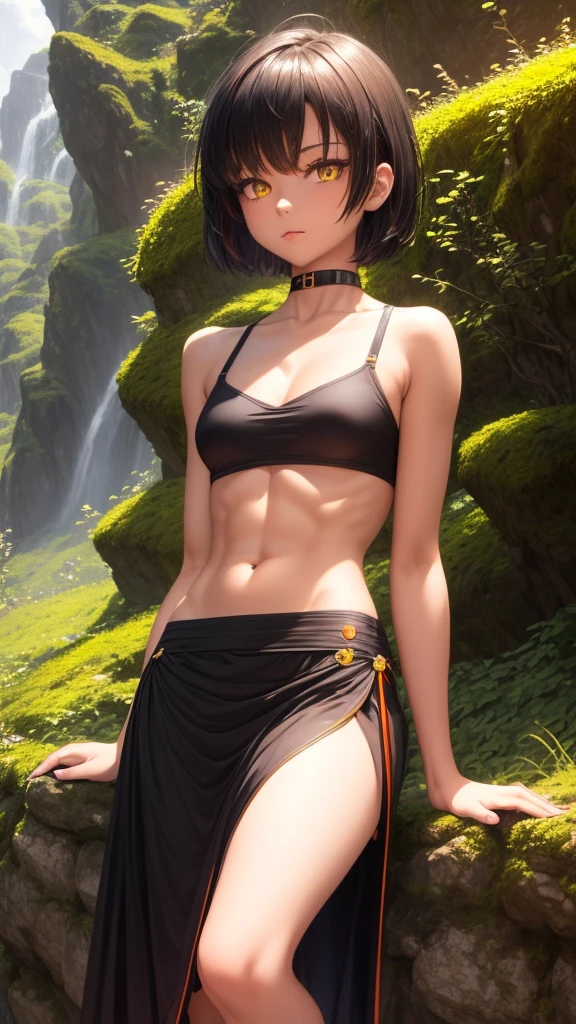 solo, 1girl, (masterpiece), ((16 year old appearance)), short hair, ahoje, mohalk hair, small breasts, yellow eyes, ((detailed eyes)), (athletic body), (simple black cropped), Black top with red details, Looking at the screen, orange lipstick, visible abs, small mini skirt, navel, (collarbone), (dark forest scenery background)