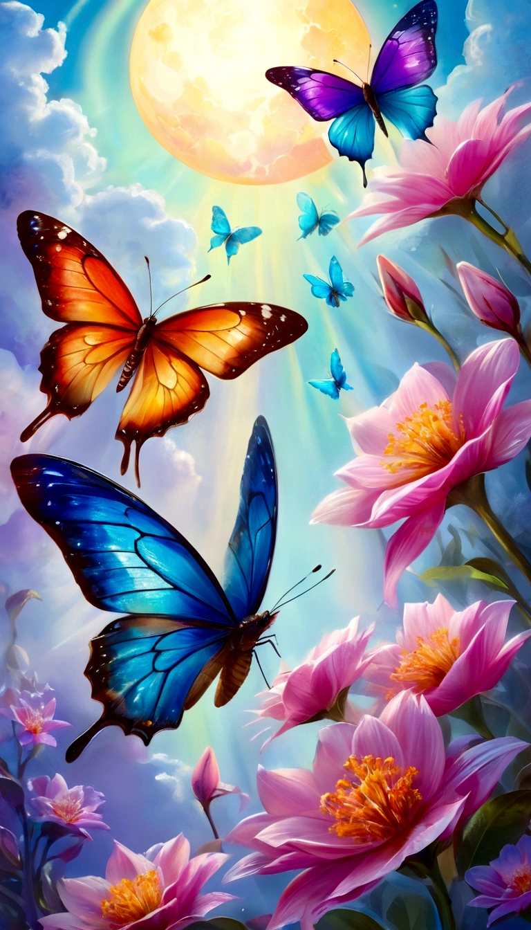 moon light,the arrival of spring, various beautiful flower
, Beautiful Rainbow-colored feathers swallowtail erfly,angles looking up from below, various jewels falling from the sky, wonderful and beautiful superb view, slightly hazy, fantastic, high resolution, 8K, (best quality, highres, realistic:1.37), shiny metallic flowers, intricate and delicate petals, reflective surfaces, vibrant colors, intricate details, close-up view, surreal garden, surreal beauty, dreamy atmosphere, fine art, abstract botanicals, metallic sculpture, contrasting textures, ethereal glow