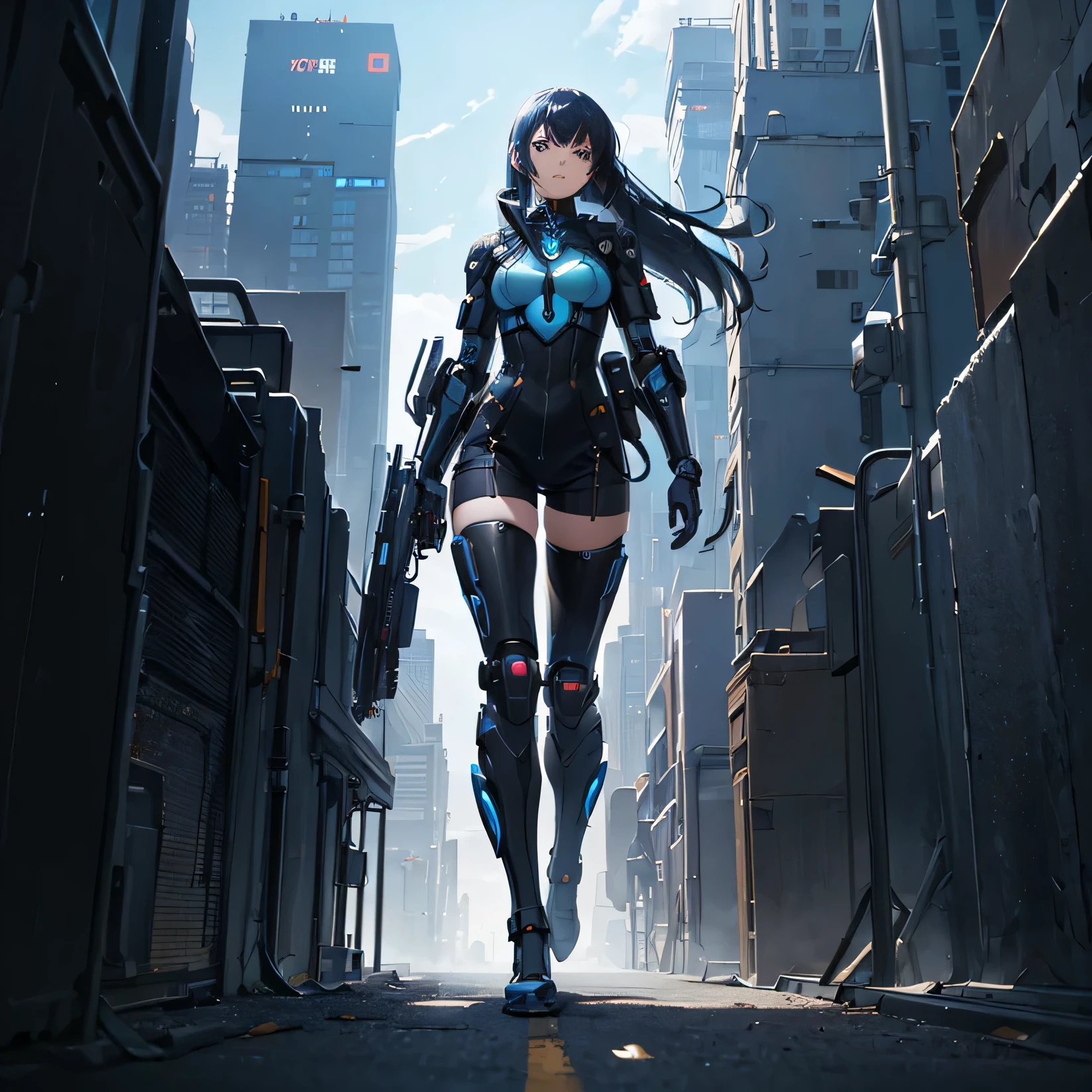 (((32k))),(((Highest quality))),(Perfect One Woman) masterpiece, best quality, 1girl, Poster, Futuristic, Apocalypse, robotic girl, perfect anime girl, futuristic goddess, cyberpunk, steam punk style, blue shades
