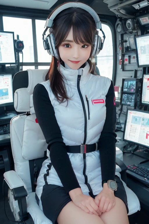 masterpiece, Highest quality, Very detailed, 8K Portrait,Japanese Android Girl,plump , Control panel,Robotic arms and legs, Blunt bangs,,break (Metallic Gray, Metallic luster, Mirror finish, Astro Best):5,headphone:5,break (Black sleeves):100,Smart Watches,Futuristic space station,Control Room,break headphone,blue eyes,(Black Hair):2,(Long Hair):1.3,Displaying the viewer,(respirator),break blush:3,Hidden Hand,smile