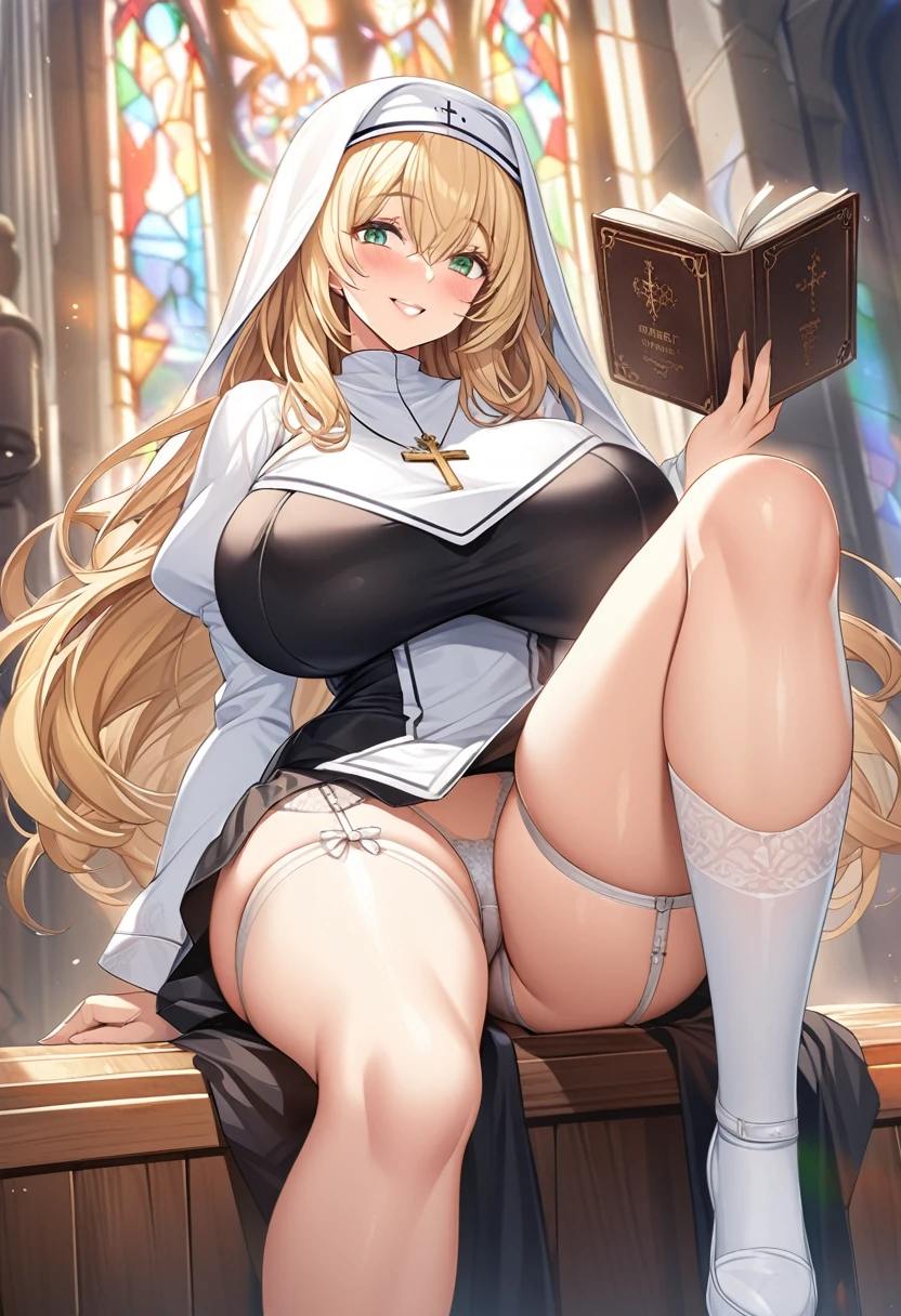 masterpiece, Highest quality, Official Art, Highly detailed CG Unity 8k wallpaper, Detailed Background, (Handcrafted by Guido Daniele), (Finger details), Mature Girl 1, (Curvy), (Nuns), (Bible in hand, A book with a cross on the cover:1.12), (standing in church), (Nuns gown:1.12), (Chest Curtain:1.12), (Nuns skirt:1.11), (White Garter Straps Garter Belt:1.12), (Blonde long hair:1.12), (Hair Intake:1.12), (Green Eyes:1.2), blush, (Loving smile, holy smile), (Huge breasts:1.5), (Long chest, Saggy breasts:1.3), (Let go of my chest), Tight waist, Shiny skin, (Cross Necklace), indoor, (Sacred Scene), (church:1.11), (Sunlight streaming through stained glass),sagging breasts,milf,nun,sideboob,underboob,breast focus、((Sit back、Sit with your legs apart))、Bow-legged、(thigh focus:1.3)、