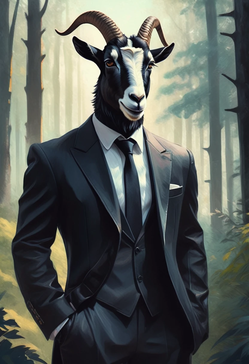 a goat in a black suit, wearing sunglasses,gentleman goat,furry art,oc character,drawing style,looking at landscape,forest background,high quality,detailed,cinematic lighting,cold color tones, professional artwork, masterpiece
