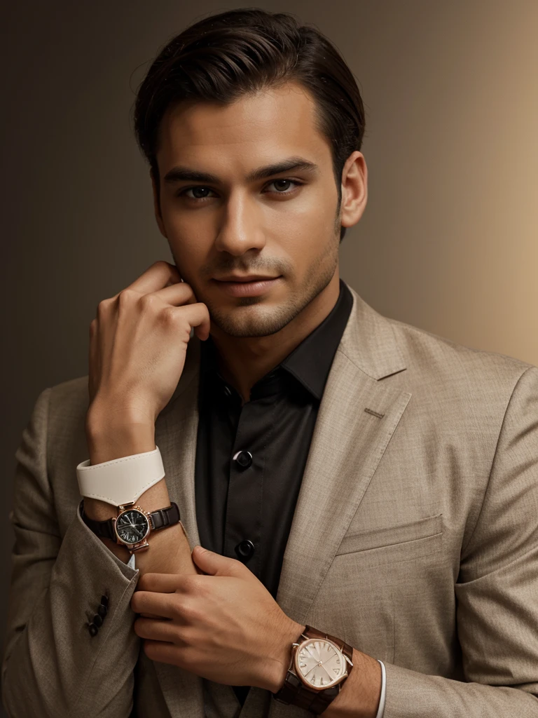well-dressed elegant man with watch on his wrist, neutral background, 4k quality