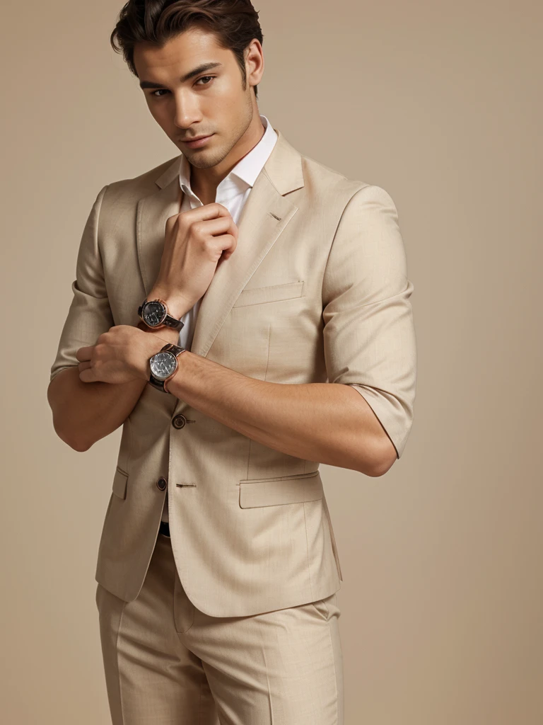well-dressed elegant man with watch on his wrist, neutral background, 4k quality