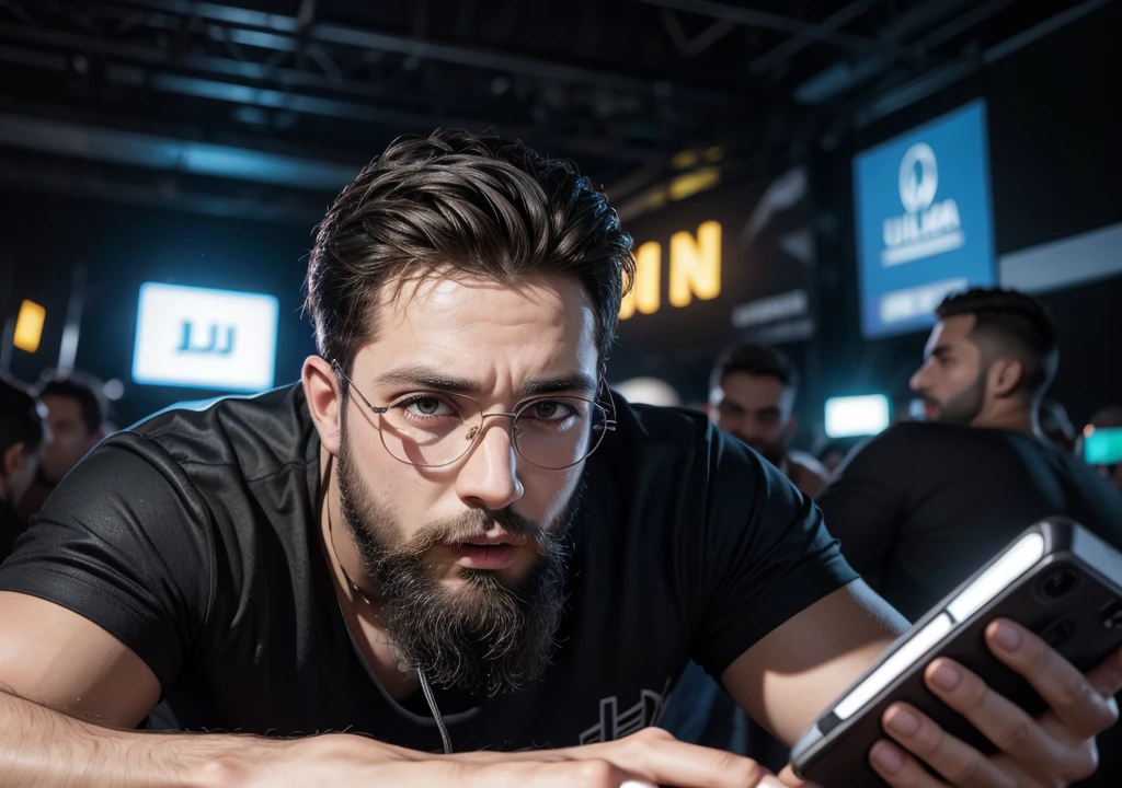 Homem, com barba, Dj de 28 anos, usando fone de ouvido grande, oculos grandes, colocando som em uma festa rave, ultrarealista