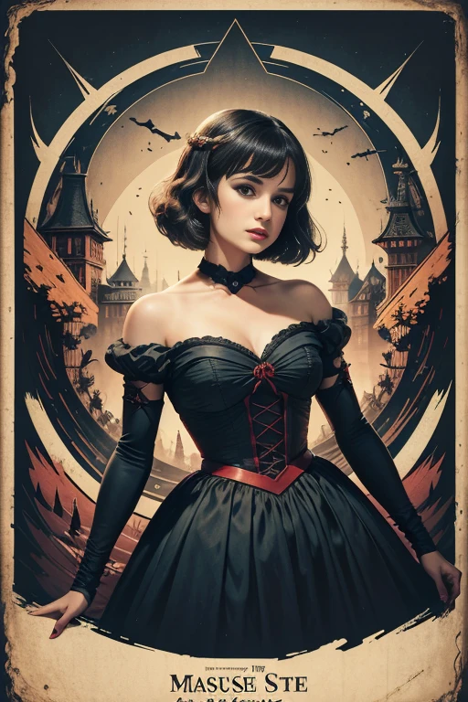 (masutepiece, Best Quality), Lea Michele、8K Wallpaper, Highly detailed, poster for, snow white, vintage horror, 1940's, horror thriller movie poster, Bauhaus, shapes, lines, Abstract, propaganda, Gothic, Cinematic poster, Vintage,