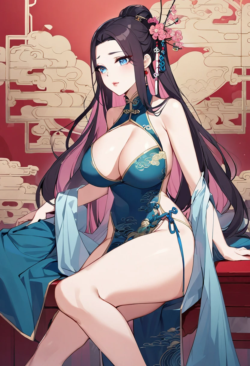 woman, light pink long hair without bangs, open forehead, thin pink lips, bright blue eyes Chinese clothing style, Ancient China, bare chest, bare thighs, big breasts 