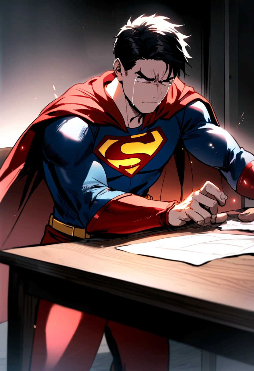 Super man crying because he hit his finger on the corner of the table