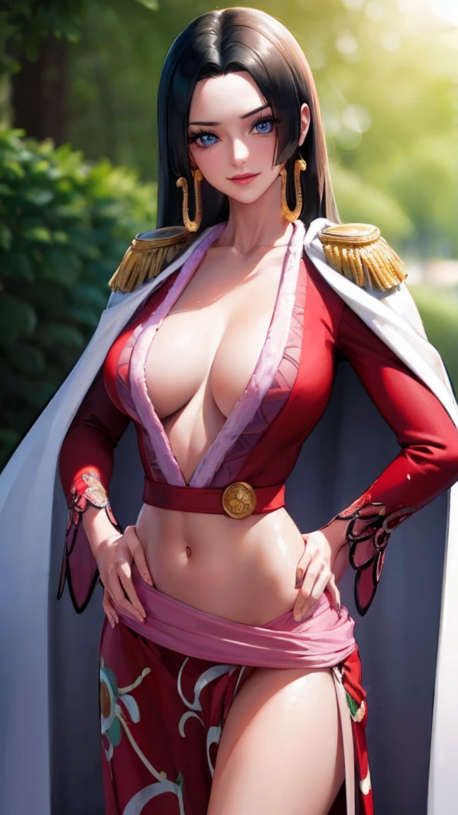 (masterpiece, best quality:1.2), cowboy shot, solo, 1girl, boa hancock, smile, looking at viewer, hand on hip, cape, epaulettes, cleavage, jewelry, earrings, midriff,NSFW,official art,extremely detailed CG unity 8k wallpaper, perfect lighting, (masterpiece:1.0),(best_quality:1.0), ultra high res,4K,ultra-detailed, photography, 8K, HDR, highres, absurdres:1.2, Kodak portra 400, film grain, blurry background, bokeh:1.2, lens flare, (vibrant_color:1.2),(beautiful_face:1.5),(narrow_waist),(perfect hands, perfect anatomy),