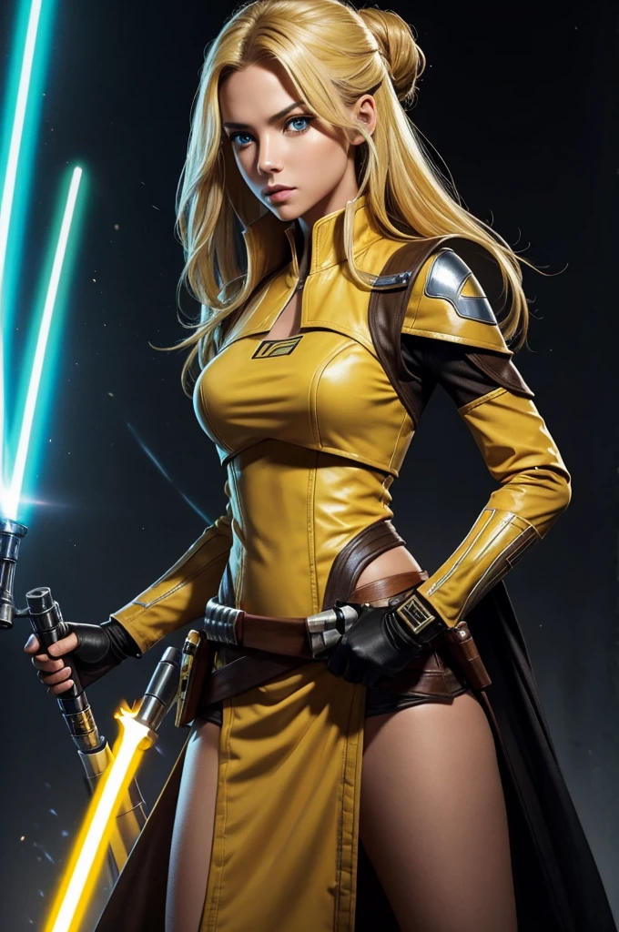 Beautiful Jedi. Eligent. Jedi bastila shan. Beautiful eyes and hair. Sexy outfit. Blonde hair. Double lightsaber ignition. Brown and yellow sexy outfit. Perfect body. Outfit is very revealing