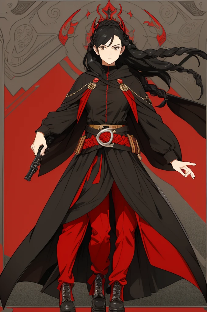 Color: Long, black hair that she keeps in a neat braid. The braid symbolizes her disciplined nature and the way she has methodically pieced together her past and present.
Style: The braid is practical for travel and combat, keeping her hair out of her face and adding a touch of elegance to her warrior-like demeanor.
Cloak: A black cloak with a red lining. The black exterior symbolizes mystery and stealth, while the red interior represents her inner fire and passion. The cloak is designed to be both protective against the elements and versatile for movement.
Shirt: A fitted red shirt that nearly covers her neck, highlighting her readiness for battle while providing a contrast to the darker outer layers of her attire. The high neck offers additional protection and adds to her sophisticated look.
Pants: Black, durable pants that are practical for travel and combat. They are designed for flexibility and comfort, allowing her to move freely and swiftly.
Belt and Accessories: A main belt at her waistline for securing her pants and carrying her primary necessities.
Additional belts around her waist for holding various items, such as small weapons, pouches for supplies, and any artifacts or items she might need on her journey.
Skirt: A long-length skirt that covers the sides and back of her legs, with the front open for practicality in combat. This design offers a blend of protection and mobility, with the colors matching her cloak (black on the outside and red on the inside), symbolizing her dual nature of being both a fierce warrior and a guardian of ancient knowledge.