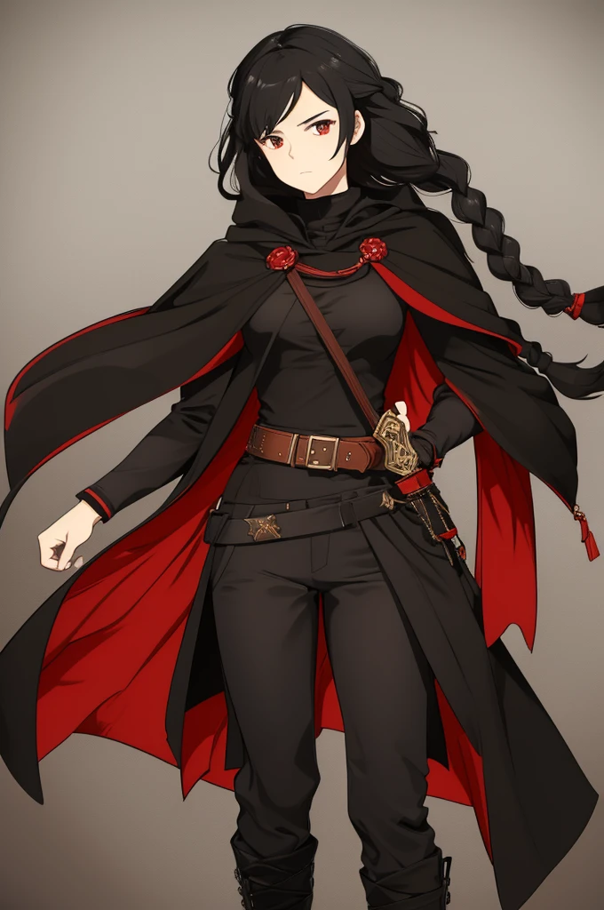 Color: Long, black hair that she keeps in a neat braid. The braid symbolizes her disciplined nature and the way she has methodically pieced together her past and present.
Style: The braid is practical for travel and combat, keeping her hair out of her face and adding a touch of elegance to her warrior-like demeanor.
Cloak: A black cloak with a red lining. The black exterior symbolizes mystery and stealth, while the red interior represents her inner fire and passion. The cloak is designed to be both protective against the elements and versatile for movement.
Shirt: A fitted red shirt that nearly covers her neck, highlighting her readiness for battle while providing a contrast to the darker outer layers of her attire. The high neck offers additional protection and adds to her sophisticated look.
Pants: Black, durable pants that are practical for travel and combat. They are designed for flexibility and comfort, allowing her to move freely and swiftly.
Belt and Accessories: A main belt at her waistline for securing her pants and carrying her primary necessities.
Additional belts around her waist for holding various items, such as small weapons, pouches for supplies, and any artifacts or items she might need on her journey.
Skirt: A long-length skirt that covers the sides and back of her legs, with the front open for practicality in combat. This design offers a blend of protection and mobility, with the colors matching her cloak (black on the outside and red on the inside), symbolizing her dual nature of being both a fierce warrior and a guardian of ancient knowledge.
