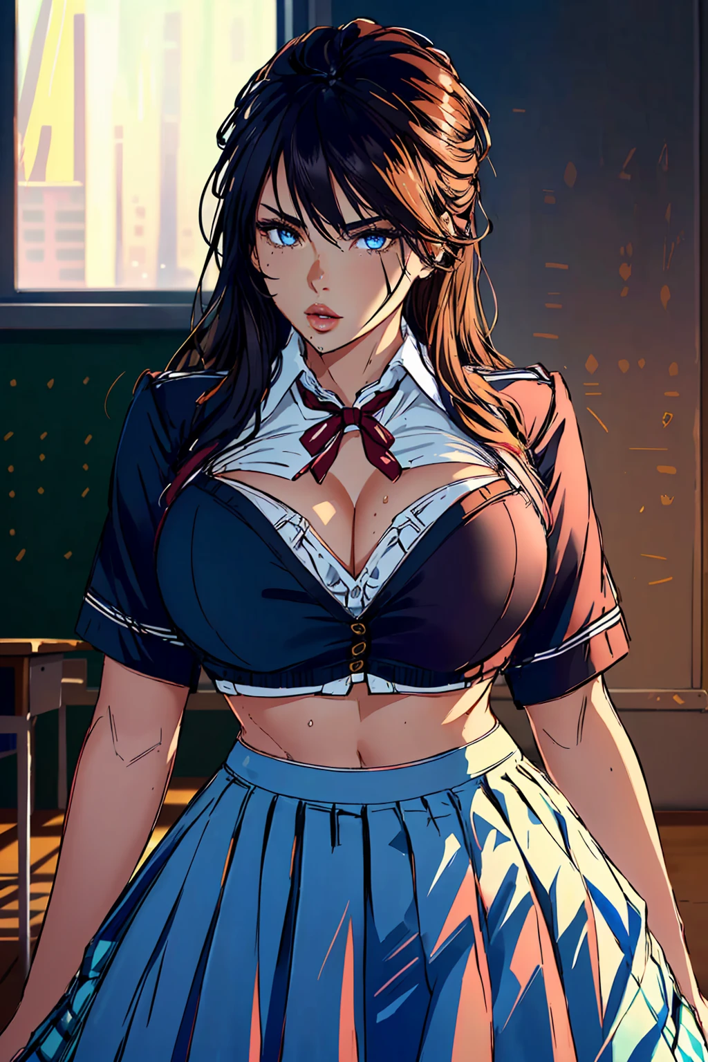 (1girl), (sexy look:1.5), (flat chest:1.3), (Highly detailed eyes, Highly detailed face), (Hyper-realistic, hight resolution), (Best Quality:1.4), (hyper quality), Authentic skin texture, Raw photo, (Realistic, Photorealsitic:1.37), highly detailed, Professional Photography, (school uniform, pleated skirt:1.3), (Staring at me), (panties), (School, classroom),