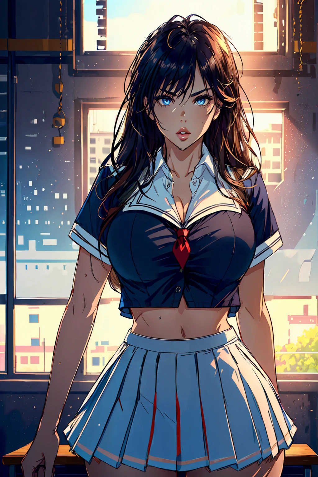 (1girl), (y look:1.5), (flat chest:1.3), (Highly detailed eyes, Highly detailed face), (Hyper-realistic, hight resolution), (Best Quality:1.4), (hyper quality), Authentic skin texture, Raw photo, (Realistic, Photorealsitic:1.37), highly detailed, Professional Photography, (school uniform, pleated skirt:1.3), (Staring at me), (pan(School, classroom),