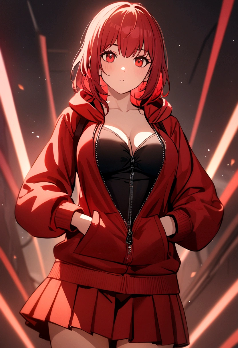 A girl with a red skirt red stockings red zip up hoody red hair and eyes with black highlights  and a black shirt  with her zip up hoodie zipped up to her breasts