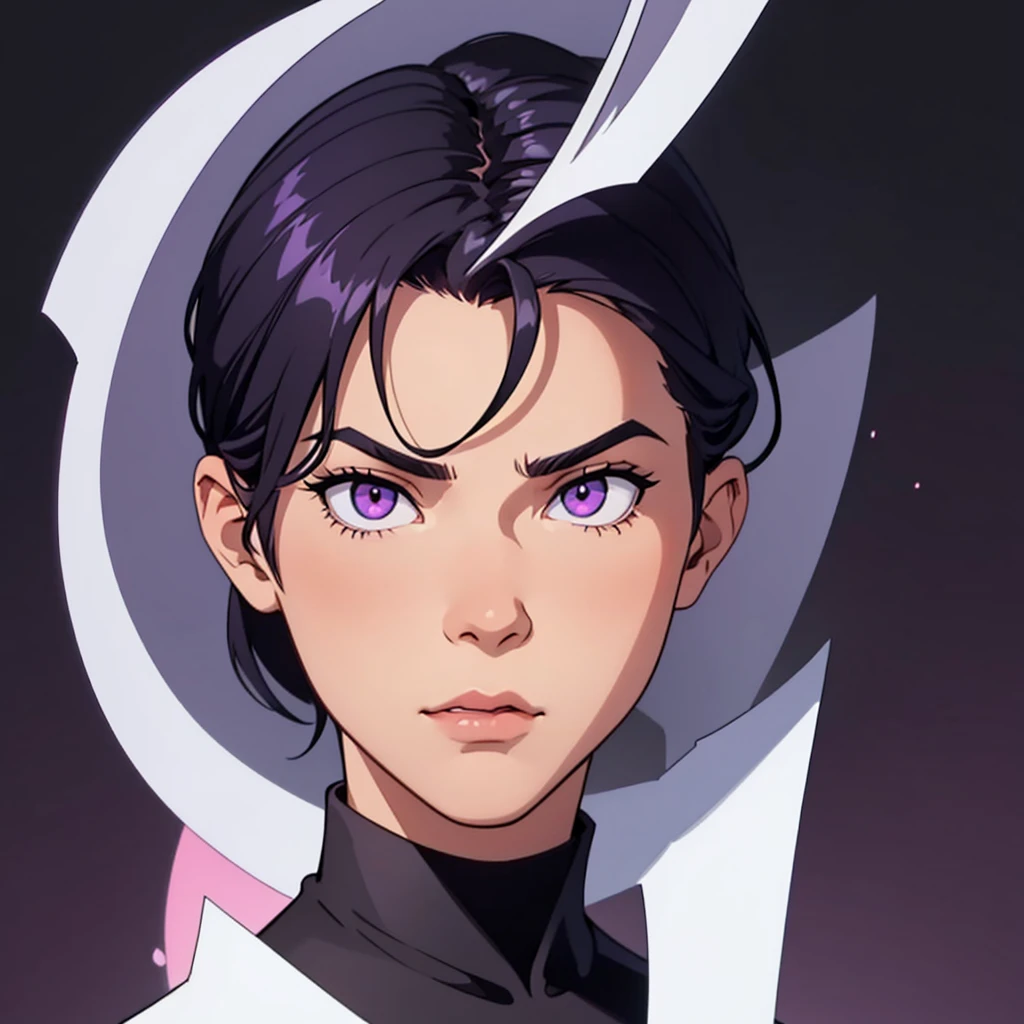 extremely short black hair, trimmed sides, clean sides of head, highres, high resolution, masterpiece, wide purple eyes, masterpiece, best quality, highres, 1 man, looking forward, square face, wide face, black hair, full pointy eyebrows, short black hair, teenager, light background, full body, teenager, colorful parts, symbols, dark , bold, realistic mixing dark lines and loose lines, bold lines, on paper, human man, full body, imposing pose, stylish outfit, dark theme, handsome, good looking, boastful, standing, male, wide face, sharp chin, high cheekbones, sharp jawline, white background, highres, high resolution, masterpiece, face focus, full head visible, full head seen, face center