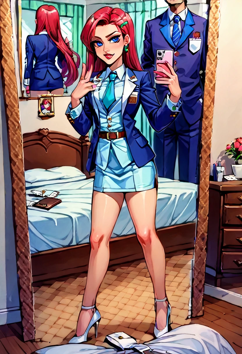 score_9,score_8_up,score_7_up,score_6_up, source_anime, 1girl, solo, EPpkJessie, long hair, blue eyes, red hair, skirt suit, suit and tie, (((three-piece suit))), silk dress shirt, shirt and tie, necktie, ((blazer)), ((suit jacket)) ((waistcoat)), ((bodycon miniskirt)), stockings, high heels, tie clip, pocket square, tailored suit, (((cufflinks))),
selfie, taking picture, mirror selfie, bedroom, bed, mirror,
