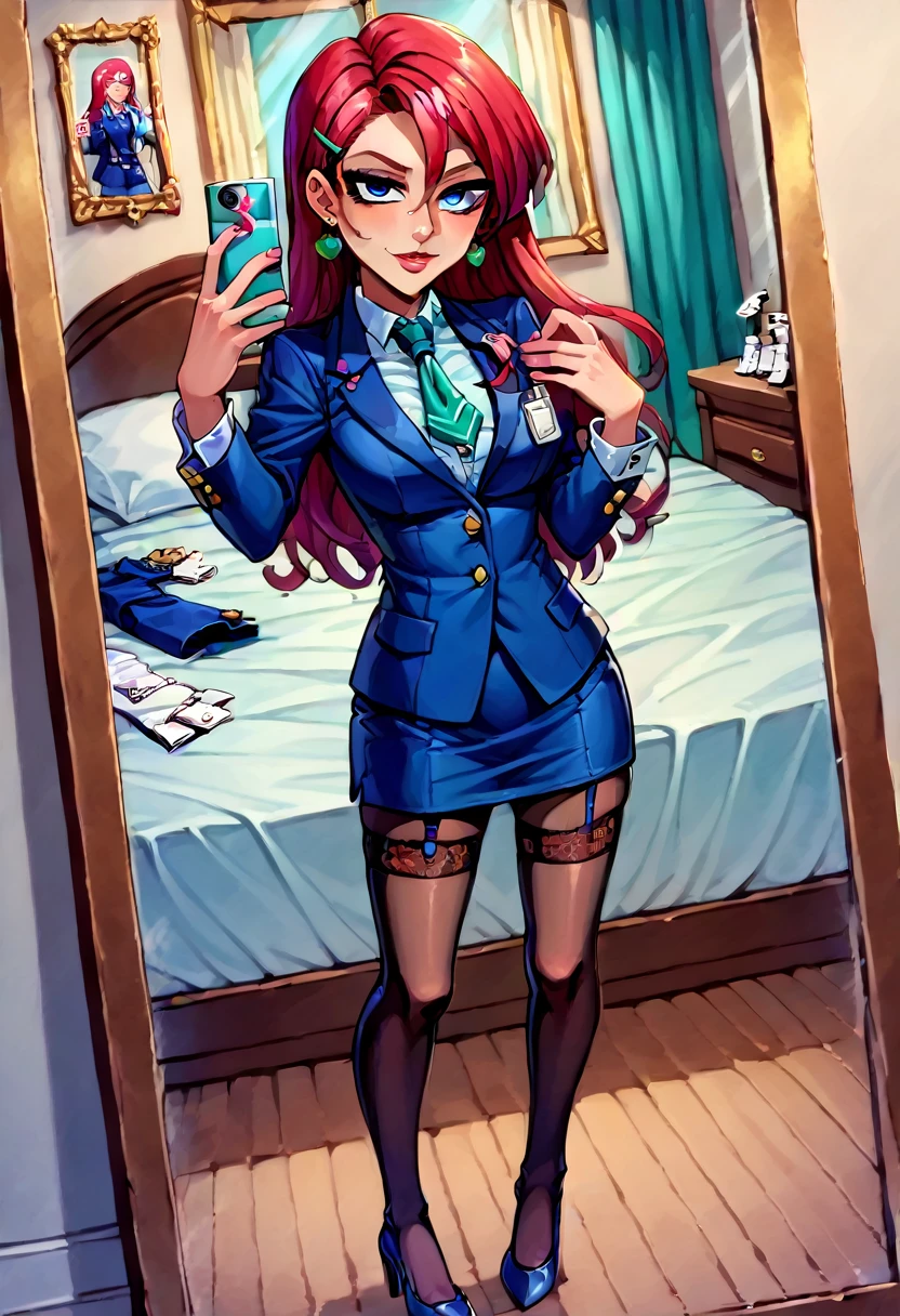 score_9,score_8_up,score_7_up,score_6_up, source_anime, 1girl, solo, EPpkJessie, long hair, blue eyes, red hair, skirt suit, suit and tie, (((three-piece suit))), silk dress shirt, shirt and tie, necktie, ((blazer)), ((suit jacket)) ((waistcoat)), ((bodycon miniskirt)), stockings, high heels, tie clip, pocket square, tailored suit, (((cufflinks))),
 selfie, taking picture, mirror selfie, bedroom, bed, mirror,
