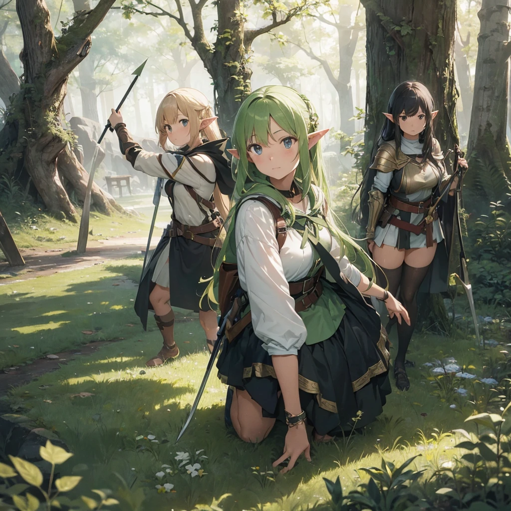a scene of two women are posing with swords in the woods with other people, weapon, armor, polearm, pointy ears, 1girl, spear, nature, 1boy, arrow (projectile), elf