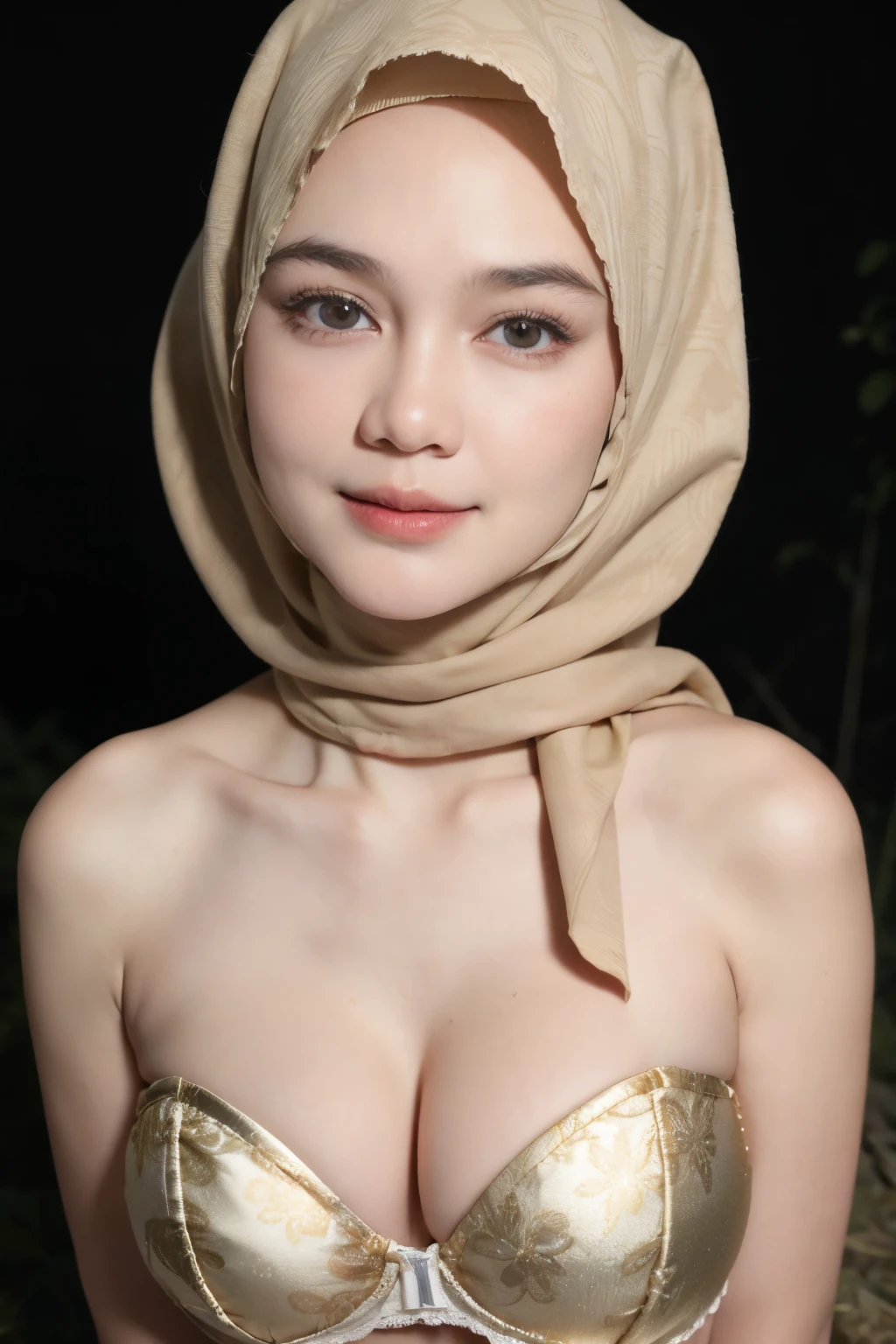 ((Lace)), (Happy smile), (((HIJAB MALAY GIRL))), masutepiece, High quality, UHD 32K, Realistic face, Realistic skin feeling , A Japanese Lady, 58 years old lady, , Very cute and baby-like face, (((FLAT CHEST))), (Night time at forest), ((look In front at the camera and SADNESS)), (((GOLD FLUORESCENT))), (((CUTE GIRL))), ((GOLD FLUORESCENT LIPS)), ((Floral Pattern)) little wearing strapless bra, strapless colorful bra, dark night background , black forest night, horror scary place, (huge saggy breast), ((HEAVY HUGE BREASTS)), (from behind up) seductive pose