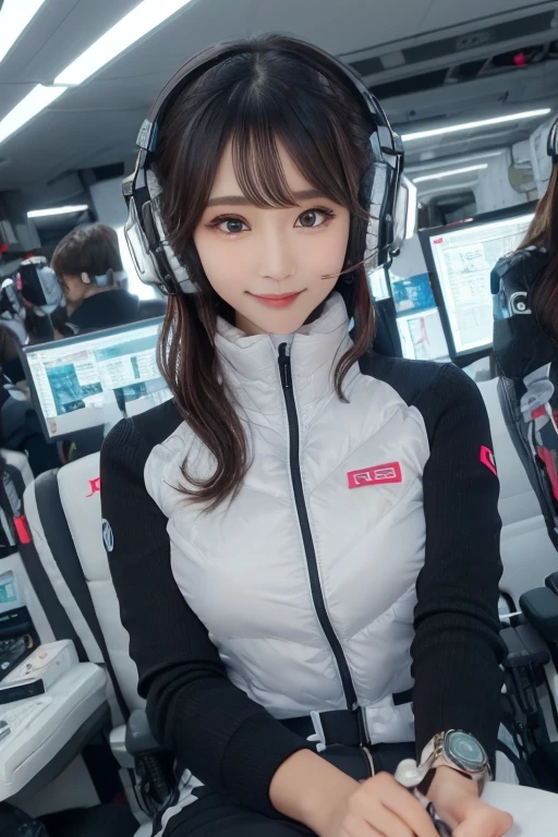 masterpiece, Highest quality, Very detailed, 8K Portrait,Japanese Android Girl,plump , Control panel,Robotic arms and legs, Blunt bangs,,break (Metallic Gray, Metallic luster, Mirror finish, Astro Best):5,headphone:5,break (Black sleeves):100,Smart Watches,Futuristic space station,Control Room,break headphone,blue eyes,(Black Hair):2,(Long Hair):1.3,Displaying the viewer,(respirator),break blush:3,Hidden Hand,smile