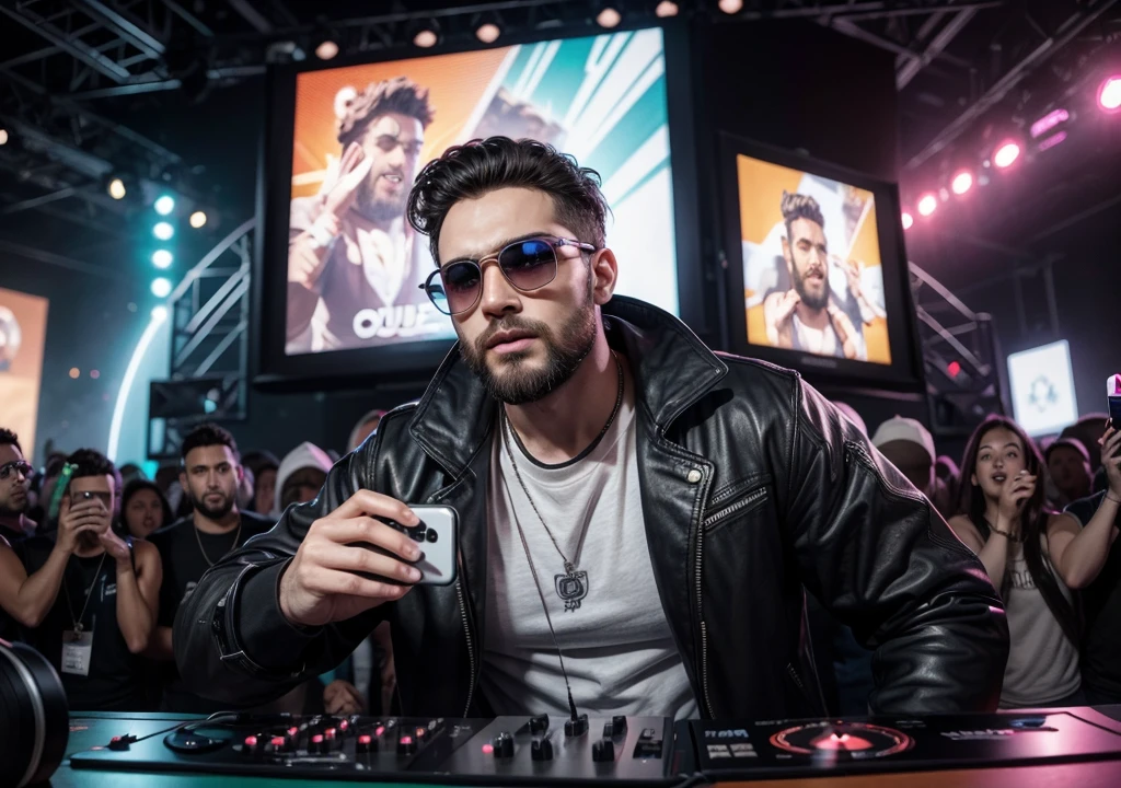 Homem, com barba, Dj de 28 anos, usando fone de ouvido grande, oculos grandes, colocando som em uma festa rave, ultrarealista