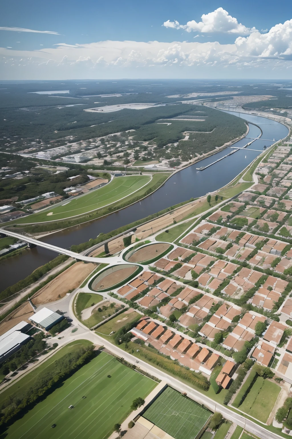 **Prompt: Sustainable Neighborhood Jardim Laguna**

Imagine an innovative neighborhood in Tubarão, Santa Catarina, called Jardim Laguna. Inspired by the block model of the Cerdà Plan, here buildings surround streets that converge into green areas and central squares. The layout divides blocks into eight main roads horizontally and seven vertically, with an industrial hub in the bottom right corner.

In the top left corner, there's an area dedicated to education and healthcare, while on the opposite side, a sports park with a large football field attracts sports enthusiasts. In the top right corner, a space is reserved for a technology hub, integrating innovations into residents' daily lives.

This visionary project employs artificial intelligence to optimize urban management, anticipate city demands, and deliver personalized services. Beyond addressing challenges like seasonal flooding, it aims to foster a high-quality urban life with accessible public spaces and sustainable infrastructure.

Jardim Laguna redefines urban development by combining advanced technology, sustainability, and community engagement. The goal is to create a harmonious and resilient environment that is truly human-centered and responsive to the needs of the local community.