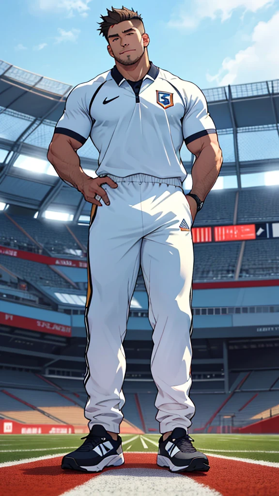Draw a mature athlete,Standing in the center of the stadium,He wears high-end sportswear,This man looks confident and determined,look down,short hair,Full body female love,Shoot from below,