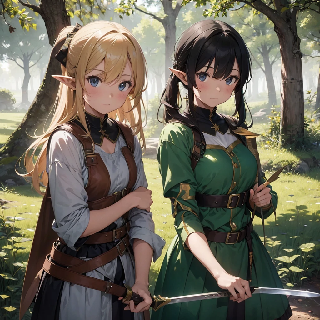 a scene of two women are posing with swords in the woods with other people, weapon, armor, polearm, pointy ears, 1girl, spear, nature, 1boy, arrow (projectile), elf