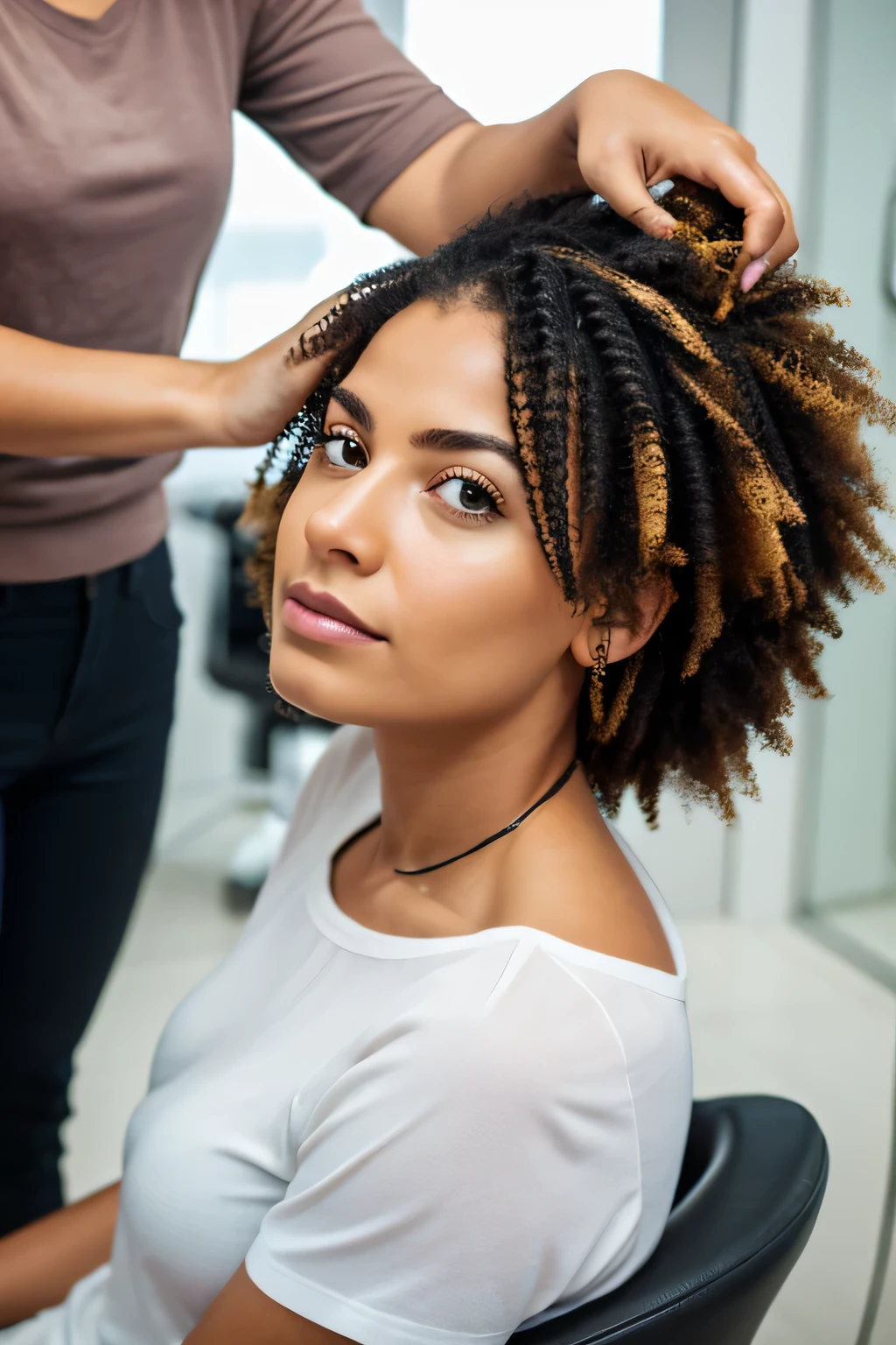 Long days standing, styling others while missing out on your own family's moments. Transform your career by starting an Amazon business. Show a Brazilian hairdresser, tired but with eyes that reflect a dream of change., frustrated, high quality, 8k, highres