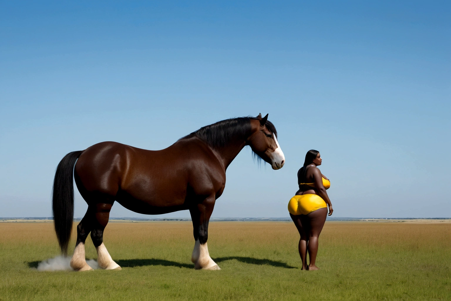 full side view of a dark Clydesdale horse   stallion with a massive bum and a very short tail. horse facing horizon . ridden by a  fat very full figured dark skinned BBW African woman wearing yellow bikini and shorts.   in a flat grass meadow looking to horizon . a  single huge  pile of brown-yellow steaming horse dung on the ground behind horse.   cloudless blue sky. 