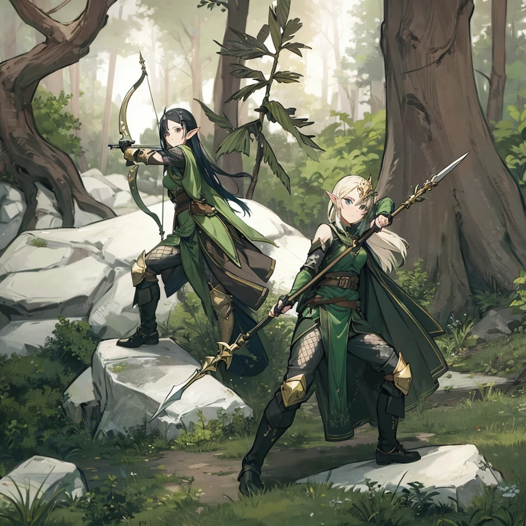 a scene of two women are posing with swords in the woods with other people, weapon, armor, polearm, pointy ears, 1girl, spear, nature, 1boy, arrow (projectile), elf
