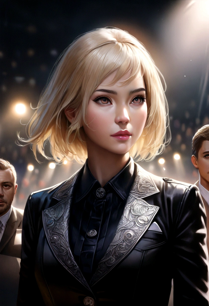 Girl Photos、short hair、Blonde、Highest quality、Realistic、Photorealistic、(Intricate details:1.2)、(Subtle details)、(Cinematic light、Highest qualityのバックライト)、Clear lines、Sharp focus、A vivid face、Unity 8K Wallpaper with Detailed Face、Ultra-high resolution、(Photorealistic:1.4)、Looking at the audience、Wearing a suit