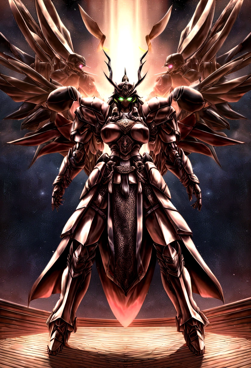 Samurai, (Meisterwerk, best quality:1.3), kompliziert, 8k, Filmische Beleuchtung, 1girl Samurai, (Universum), Schutzschild halten, keine Menschen, glowing, armor, glowing eyes, Full body shot, Mecha, 