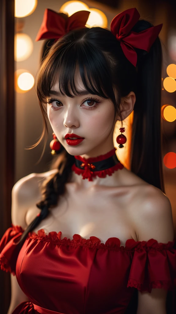 1girl, solo, long hair, massive breasts, looking at viewer, bangs, black hair, hair ornament, red eyes, dress, ribbon, hair between eyes, bare shoulders, twintails, hair ribbon, upper body, hairband, frills, choker, red ribbon, lips, eyelashes, strapless, bell, red dress, jingle bell, hair bell, red lips