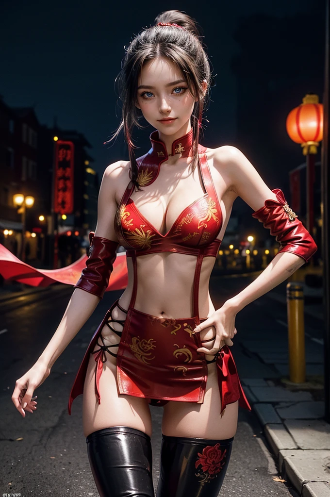 (RAW photo, best quality), Cute girl with short black hair, (ponytail), (city roof at night background), low light , dark eyeliner, happy smile, gorgeous face , super cute, 18 years old , young looking, hyper detailed face, dark eyeliner, (medium breast), (thin waist, super slender), (bare shoulders, (exposed hips), skintight and red PVC qipao china dress with yellow dragon decoration and vivid patterns, deep black leather thigh high boots, red PVC arm sleeves with yellow flower decorations and vivid patterns, cleavage, ((both hands on waist)), one leg in front of the other, (((very very very very small navel exposure)))