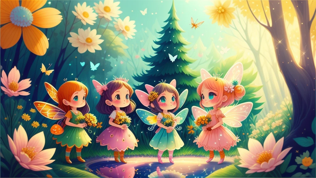 Dreamy garden, trees, flowers, Cute  s, light colors hair, blue eyes, Gossamer,illustration, A masterpiece in bright light, stunning art! The art of magic, fairy tale artwork, inspiring art, exquisite artwork high quality、masterpiece、Sparkling fairies、a Lots of fairies(Pink Fairy、Yellow Fairy、Orange Fairy、Green Fairy、Light Blue Fairy　They are playing happily)、In a beautiful forest、smile、Flying around、so many fairies,Group of fairies、Group of fairies、Little fairies fly up, emitting light。wood々You can see the reflection of light in、Soar、Sparkling、Shine、big、bright