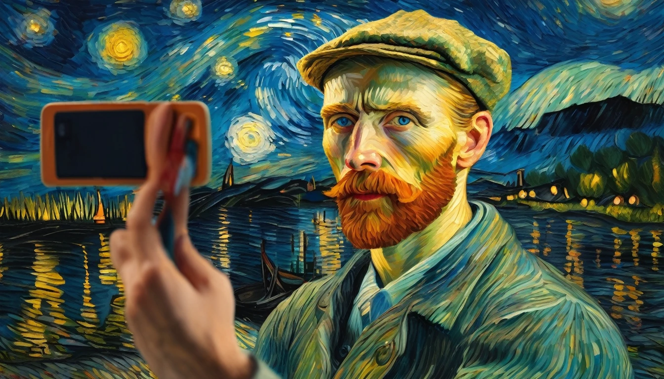 Selfie do pintor impressionista Van Gogh, Contra o pano de fundo de uma noite estrelada,  lente olho de peixe, 8k Camera, wide sight, (melhor qualidade), Complex and detailed 3D rendering, cinematic light, filmes, fotografia realista