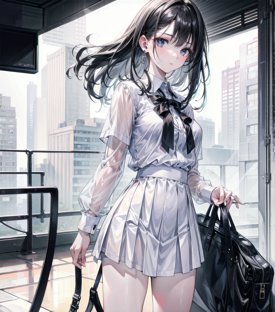 RAW photo, extremely delicate and beautiful, masterpiece, Best Quality, ultra high resolution, 16k, hyperrealistic, realistic, photorealistic, photo-realistic, ultra-detailed, detailed description, pale skin, in her 20s, full body, medium tits, medium hair, black hair, tearful mole, earring, school_uniform,