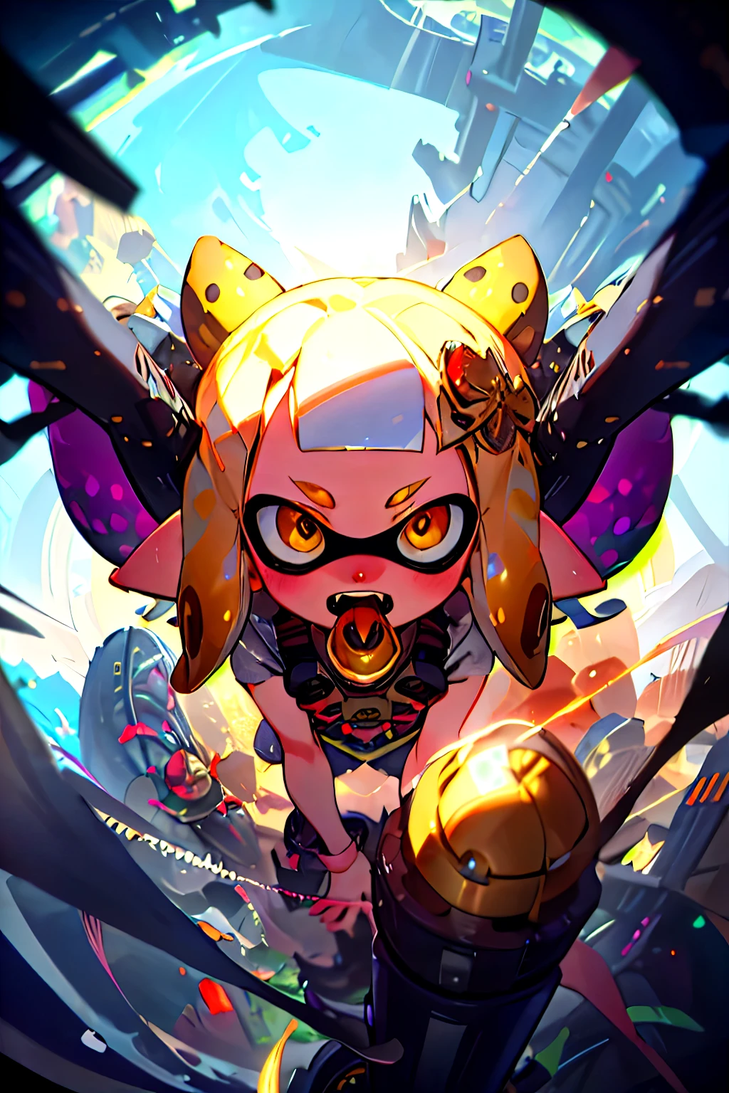 (masterpiece:1.3),(Highest quality:1.2),8k,Absurd,unity 8k wallpaper,(Very detailed:1.3),Highest Resolution, Real Anime、3D、Focus Only, 
One Splatoon girl, Golden Eyes、A slightly thinner face、View your viewers,fall_In_mouth,Dragon,Depth of written boundary,( From above:1.3),teeth,sharp theeth,spike,