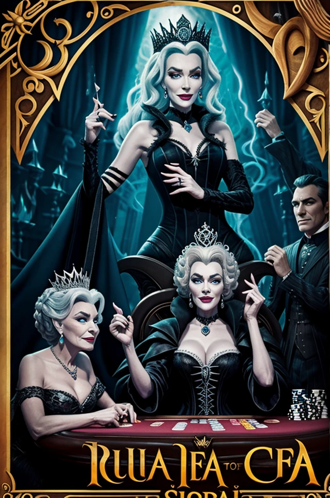 Un Poster estilo pixar de Ursula la bruja del mar sentada en una mesa de poker con Malefica, La Reina de corazones, La Reina Malvada y Cruela.