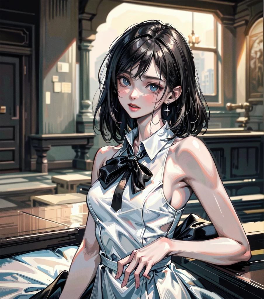 RAW photo, extremely delicate and beautiful, masterpiece, Best Quality, ultra high resolution, 16k, hyperrealistic, realistic, photorealistic, photo-realistic, ultra-detailed, detailed description, pale skin, in her 20s, full body, medium tits, medium hair, black hair, tearful mole, earring, school_uniform,