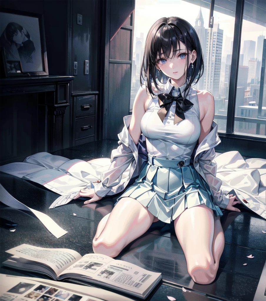 RAW photo, extremely delicate and beautiful, masterpiece, Best Quality, ultra high resolution, 16k, hyperrealistic, realistic, photorealistic, photo-realistic, ultra-detailed, detailed description, pale skin, in her 20s, full body, medium tits, medium hair, black hair, tearful mole, earring, school_uniform,