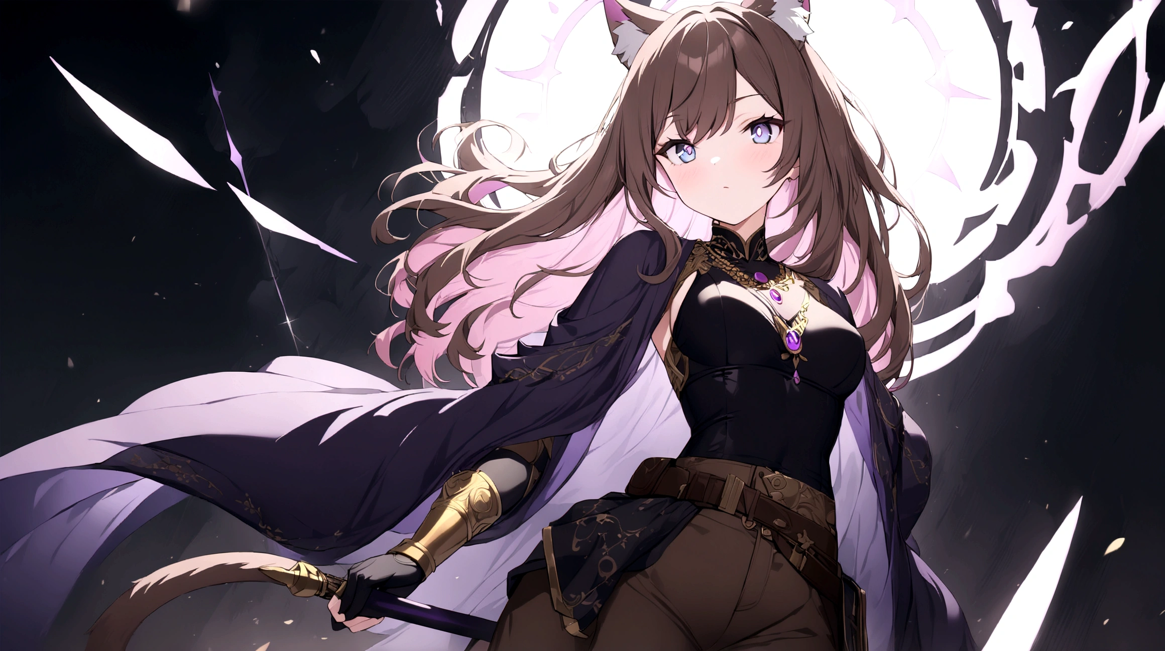(1girl, Masterpiece, best quality) (detailed and beautiful eyes:1.6) (perfect hands, perfect anatomy) A young female character with long, brown hair featuring streaks, styled in loose waves. She has striking (purple eyes and a confident, slightly defiant expression). She has distinctive (cat-like ears, brown with pink inner fur with tail. She wears a black and dark purple form-fitting top fantasy adventurer adorned with gold and red accents, including intricate patterns. Over this, she has a dark-purple cloak covering with gold detailing. Accessories include a fiolet gemstone necklace and a belt with gold ornaments. She has a brown belt with dark fiolet accents cinched around her waist and (wears brown pants) with armored greaves.