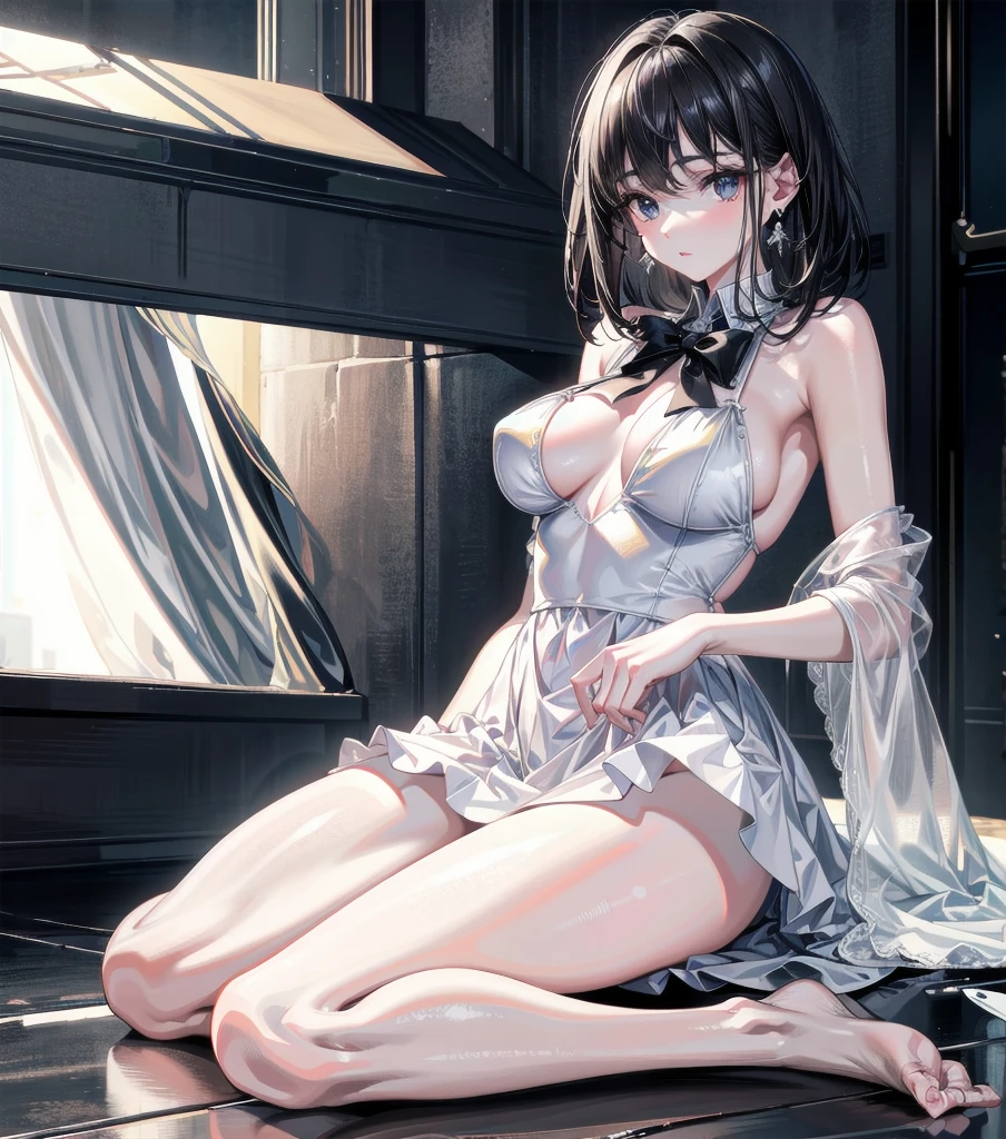 RAW photo, extremely delicate and beautiful, masterpiece, Best Quality, ultra high resolution, 16k, hyperrealistic, realistic, photorealistic, photo-realistic, ultra-detailed, detailed description, pale skin, in her 20s, full body, medium tits, medium hair, black hair, tearful mole, earring, school_uniform,