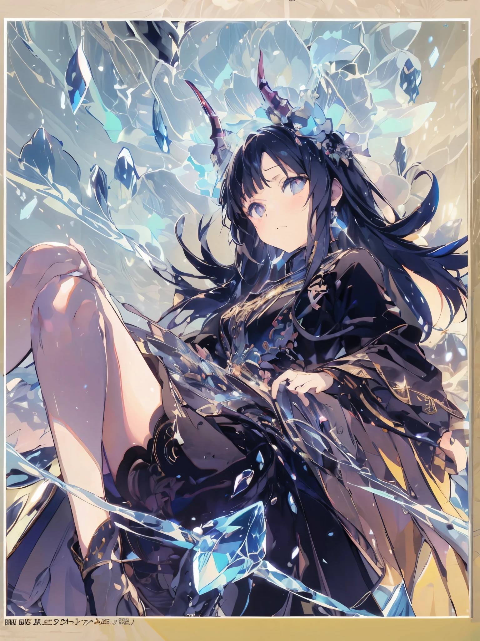 Crystal Horn Crystal ornaments (Anime Style:1.6)High contrast girl, Sitting, Side Shot, (null:1.3), (masterpiece, Highest quality, perspective, Depth of written border:1.5), Flowers, Rocky Mountain, forest, Beautiful Face, Thighs, From below, 8K, Raw photo, Confused, Impressionism, (Tom Thomson, Claude Monet, Joaquin Sorolla, James Wilson Morris, John Fabian Carlson, Hugh Henry Breckenridge:0.8), HDR, Realistic, Film Grain, chromatic aberration, High Resolution, Very detailed, finely, Dynamic Lighting, Dramatic lighting, Shadow, Sharp focus, Highly detailed eyes and face, Sharp pupils, Realistic student