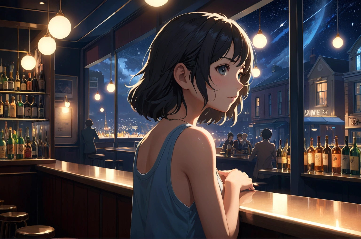Uses Makoto Shinkai&#39;s depiction perfectly,Portrait of Halie Loren,8k 4k masterpiece photo ,London,A jazz bar with a glass ceiling,The twinkling stars can be seen through the glass windows.,It&#39;s a dark night outside,Jazz is playing,Close-up of profile,Beautiful in profile,Semi-long hair,Look in a different direction,Standing alone at the counter,Tight-fitting tank top,Bust is medium,Same character as before、At the same store as before