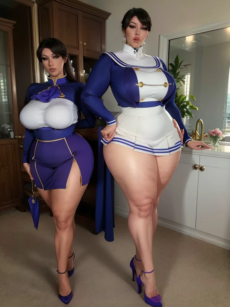 Big Breasts, Big Hips, Full Body Shot, Mature mother, Voluptuous thighs, ox, Seductive mature woman, Perfect body, Plus Size Model, Sailor suit, Wearing high heels,Miniskirt Uniform, Chunli,