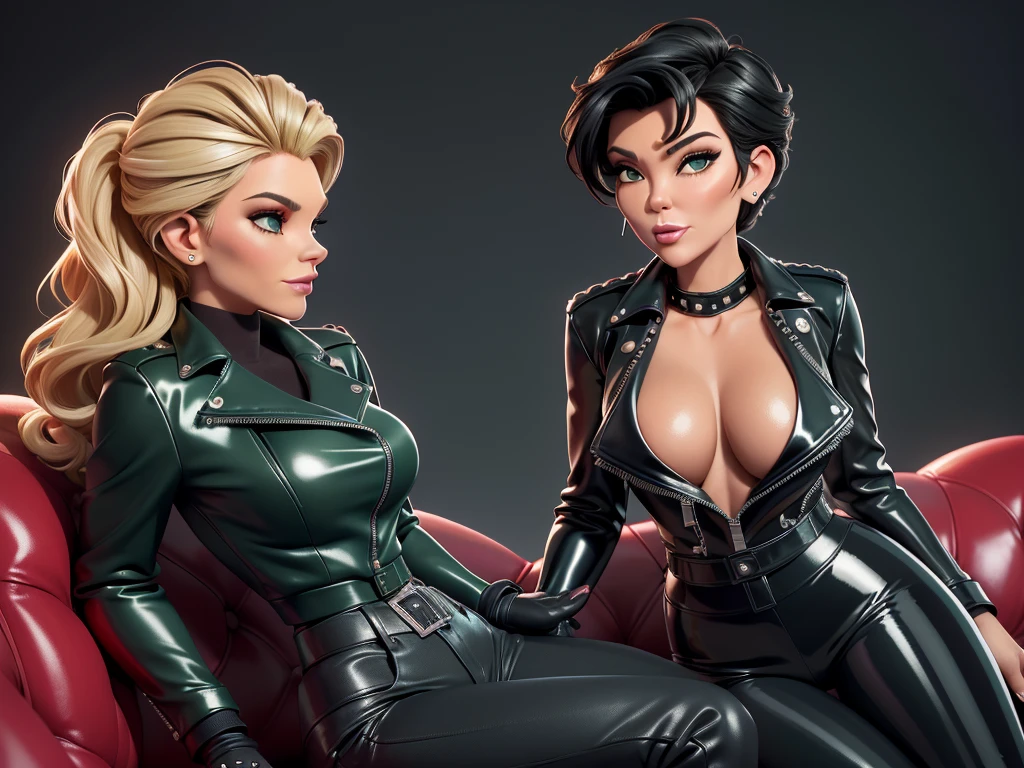 obra prima, melhor qualidade, ((megyn kelly, kris jenner,)) head back, sassy wicked girl, open mouth, big teeth smile, thick smoky black eye shadow, long fake eyelashes, sultry eyes, ((metallic brick red leather biker jacket,)) ((biker jacket has puff shoulders,)) biker jacket has stiff collar, leather blouse, ((green pvc skinny pants,)) studs zippers snaps, shiny leather gloves, nip slip, body is skinny, laying down kissing each other on sofa, shiny tight buttocks, arched back, mashing breasts, camera view of whole body, looking up at me, shallow depth of field, highres, HD, 8k, anatomically correct
